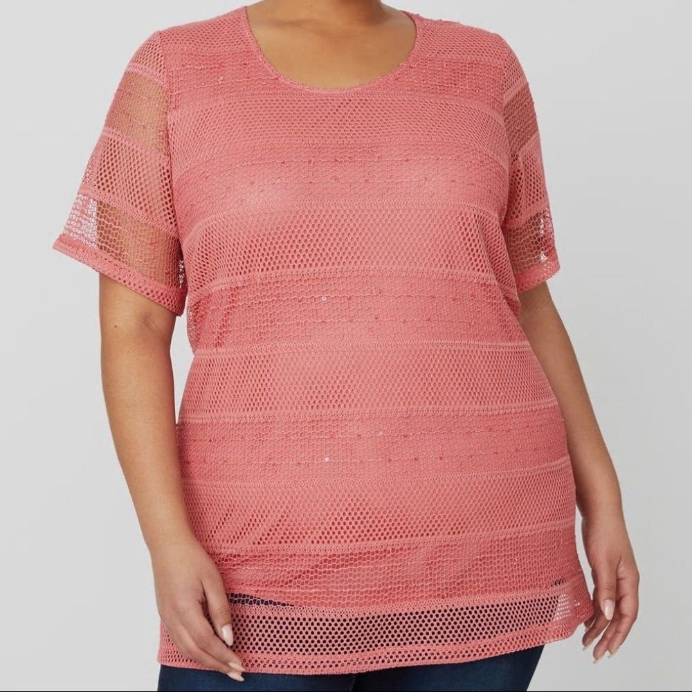 Catherines Tunic Embellished Petite 3X Pink Crochet Sparkle Top Plus